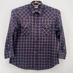 Ely Cattleman Men's XL Pearl Snap Western Button Down Shirt Navy Blue Plaid